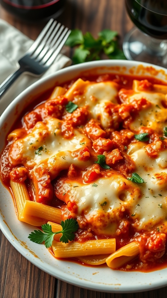 A golden baked pasta dish with melted cheese and marinara sauce, garnished with parsley on a rustic table.